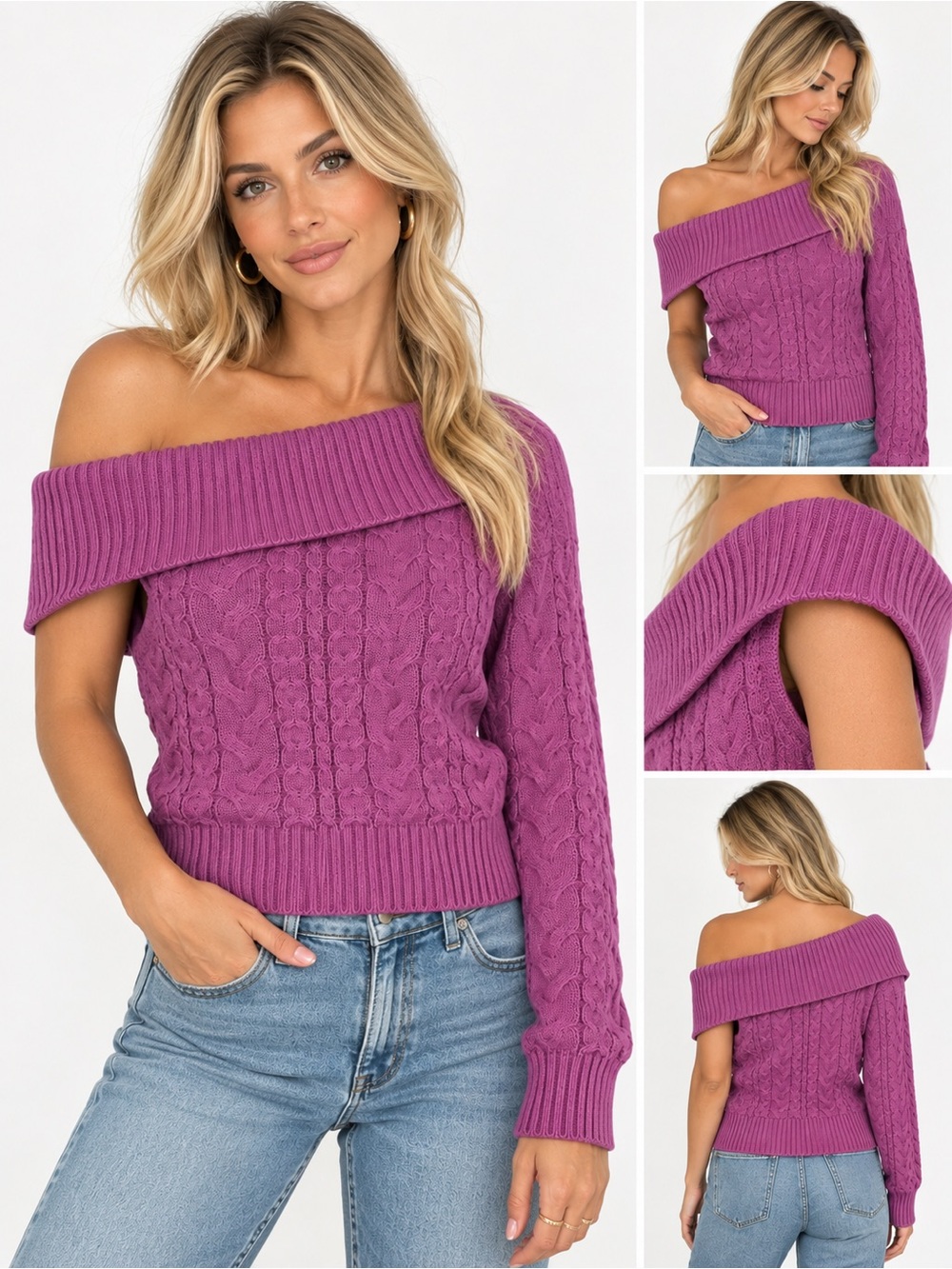 Current Air Off-the-Shoulder Cable Knit Sweater in Magenta